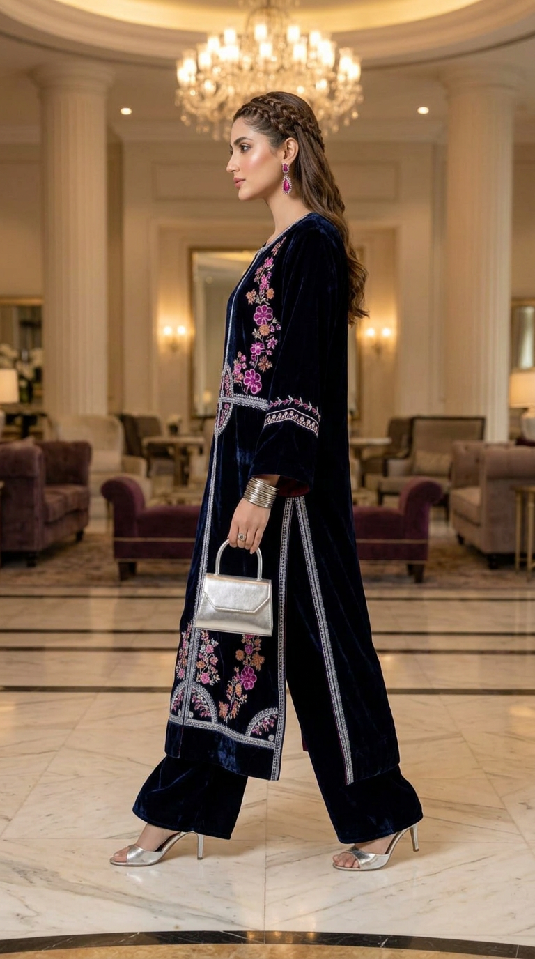 Sakawat Velvet Ready to Wear 2 Pcs Embroidered dress