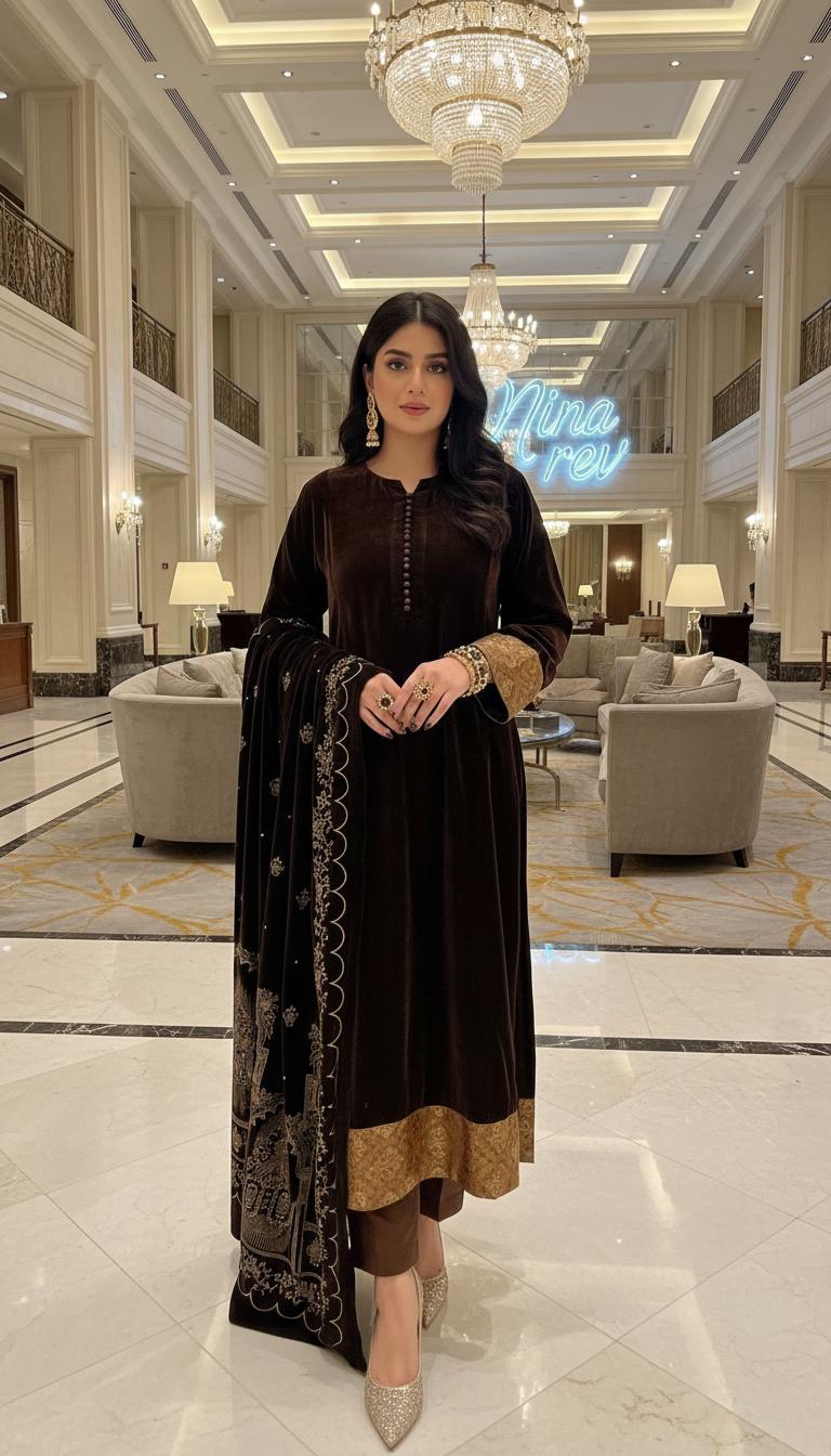 Milani Brown Velvet Ready to Wear 3 Pcs Dress with Velvet shawl