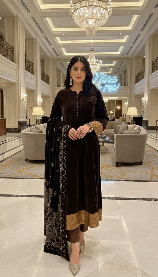 Milani Brown Velvet Ready to Wear 3 Pcs Dress with Velvet shawl
