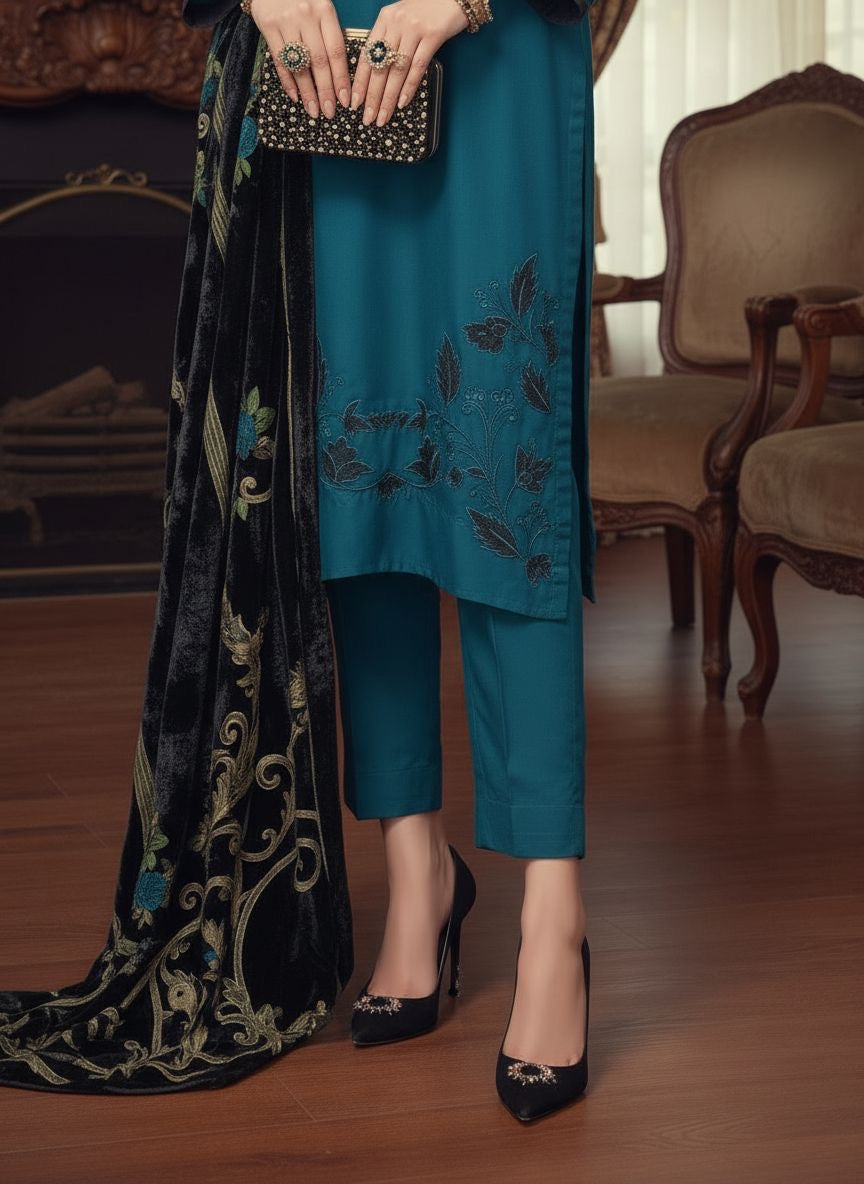 Mahira Teal Ready to Wear 3 Pcs Embroidered Dress