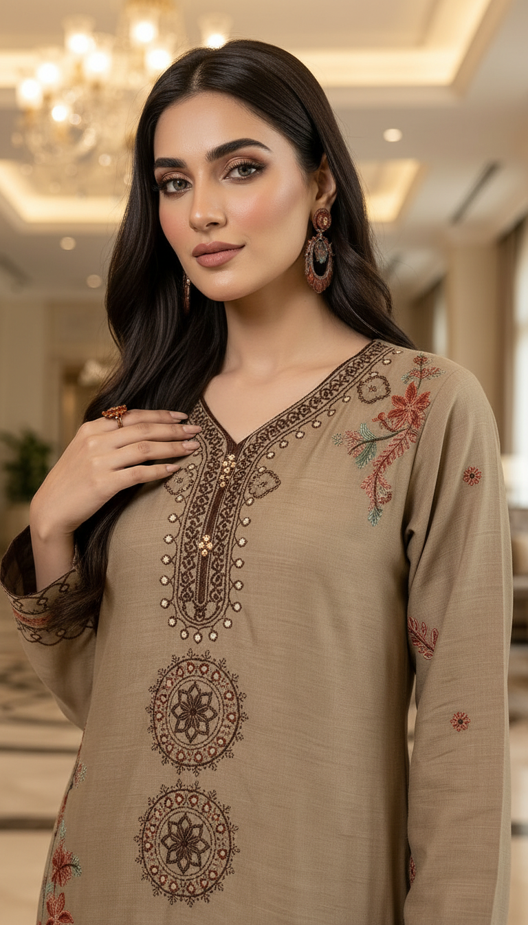 Gulrukh brown Fully Embroidered Kaftan Dress