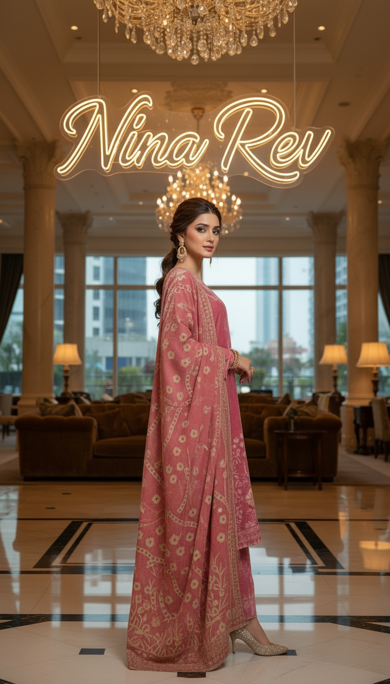Fancy Pink French Velvet 3 Pcs Dress with Velvet Shawl