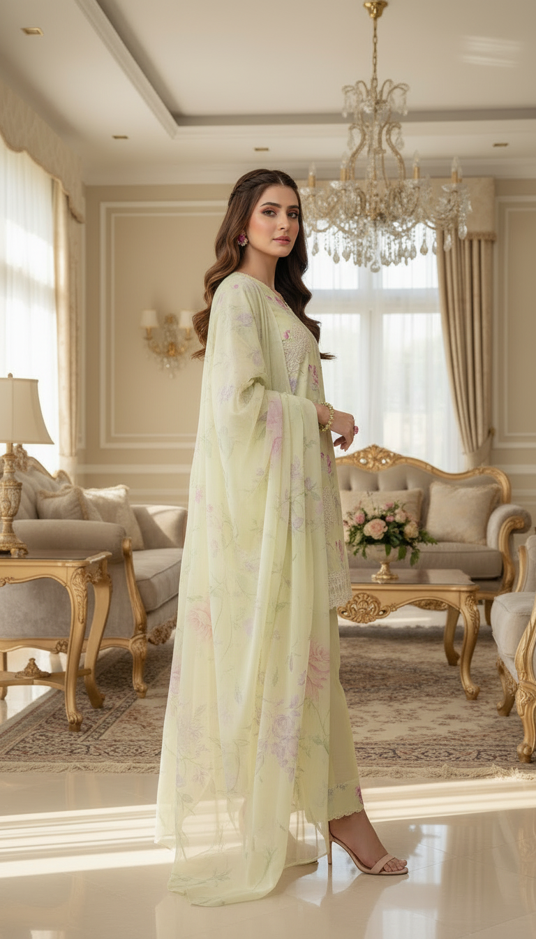 Gulzar Pale Ready to Wear 3 Pcs Embroidered Dress with Chiffon dopatta