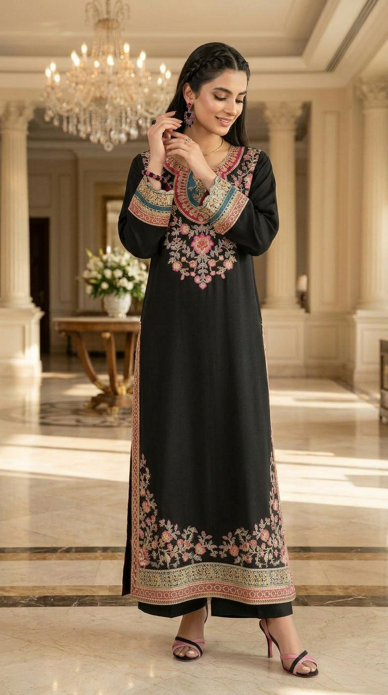 Ayya Black Ready to Wear 2 Pcs Embroidered Kaftan Dress