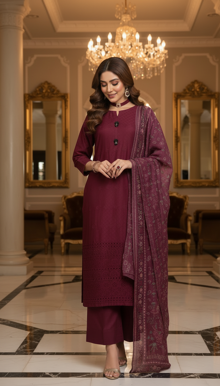 Taiba Maroon Ready to Wear 3 Pcs Chikankari Embroidered Dress
