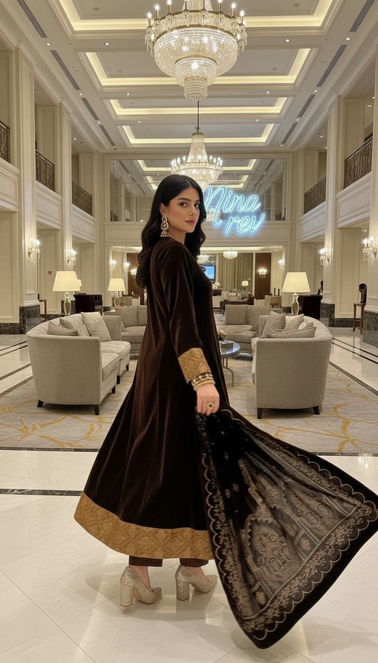 Milani Brown Velvet Ready to Wear 3 Pcs Dress with Velvet shawl