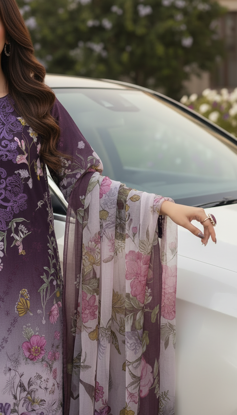 Lavvy Purple Embroidered Lawn 3 Pcs Dress