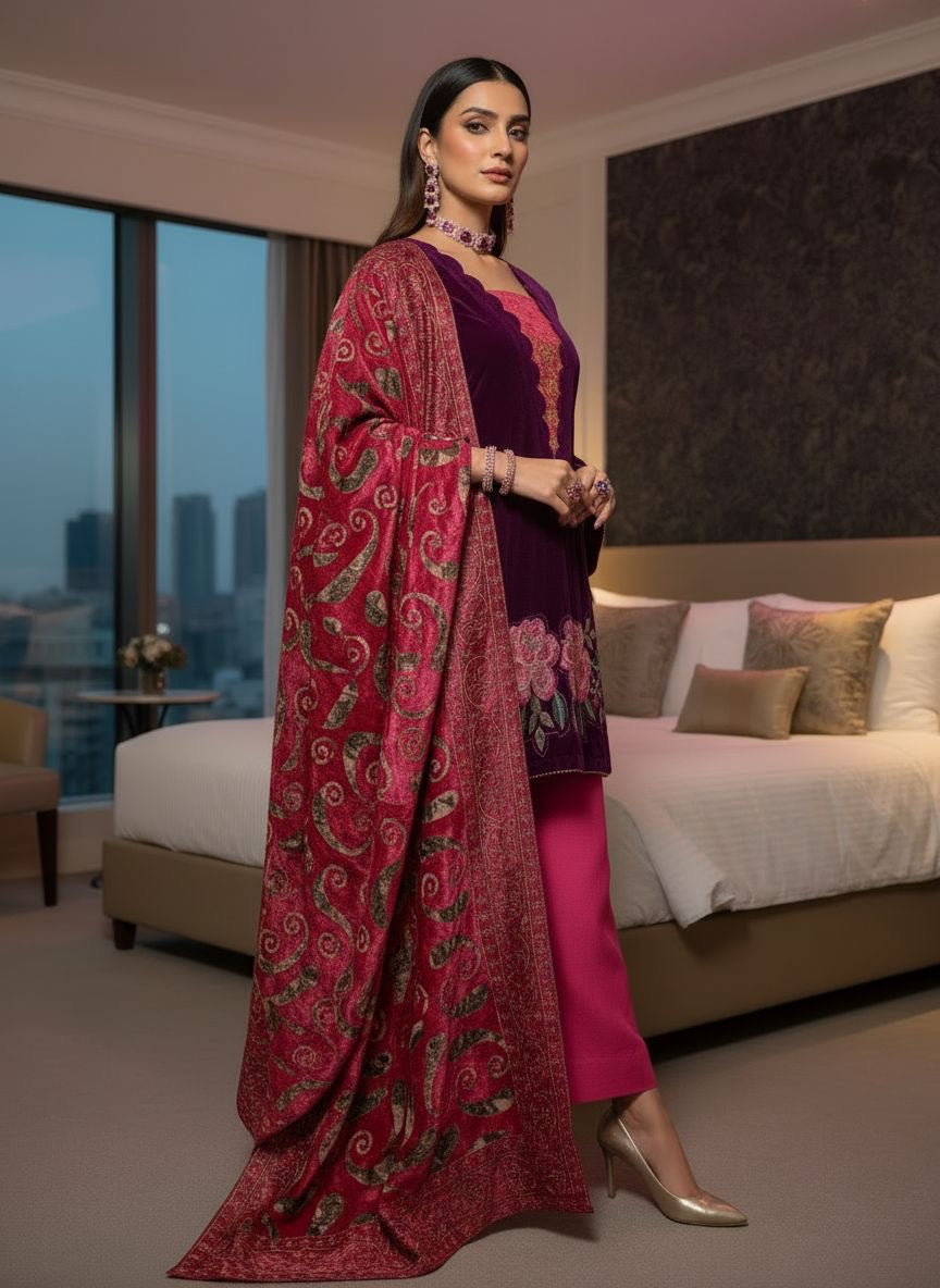 Hajra Purple Velvet Ready to Wear 3 Pcs Embroidered Dress with Palachi