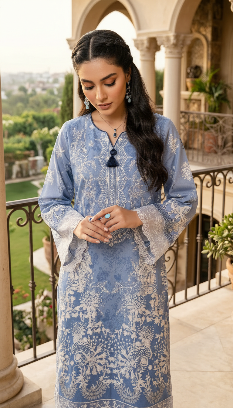 Aqua Deep Ready to Wear 2 Pcs Linen Embroidered Dress