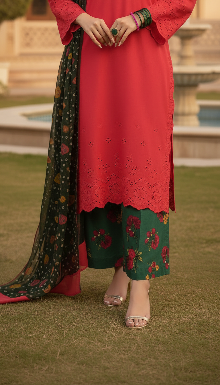 Red and Green Chikankari Ready to Wear 3 Pcs Dress