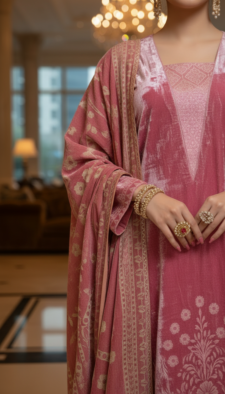 Fancy Pink French Velvet 3 Pcs Dress with Velvet Shawl