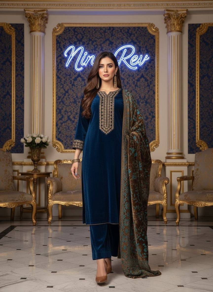 Freya Velvet Embroidered Ready to Wear 3 Pcs Dress with Palachi Shawl