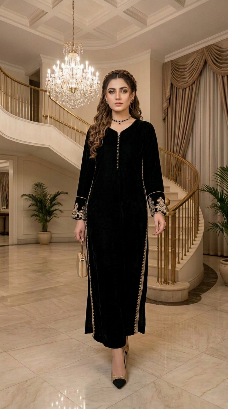 Shaab Velvet Ready to Wear 2 Pcs Embroidered Dress