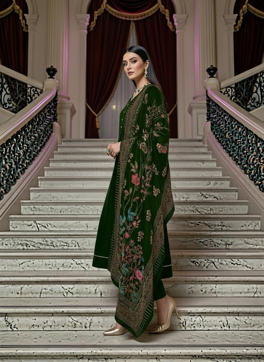 Shahkar Green Velvet Ready to Wear 3 Pcs Collection with Velvet Shawl