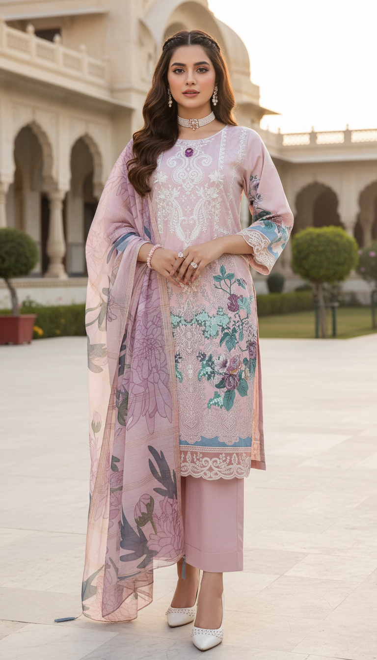Butterfly Pink Ready to Wear 3 pcs Embroidered Dress