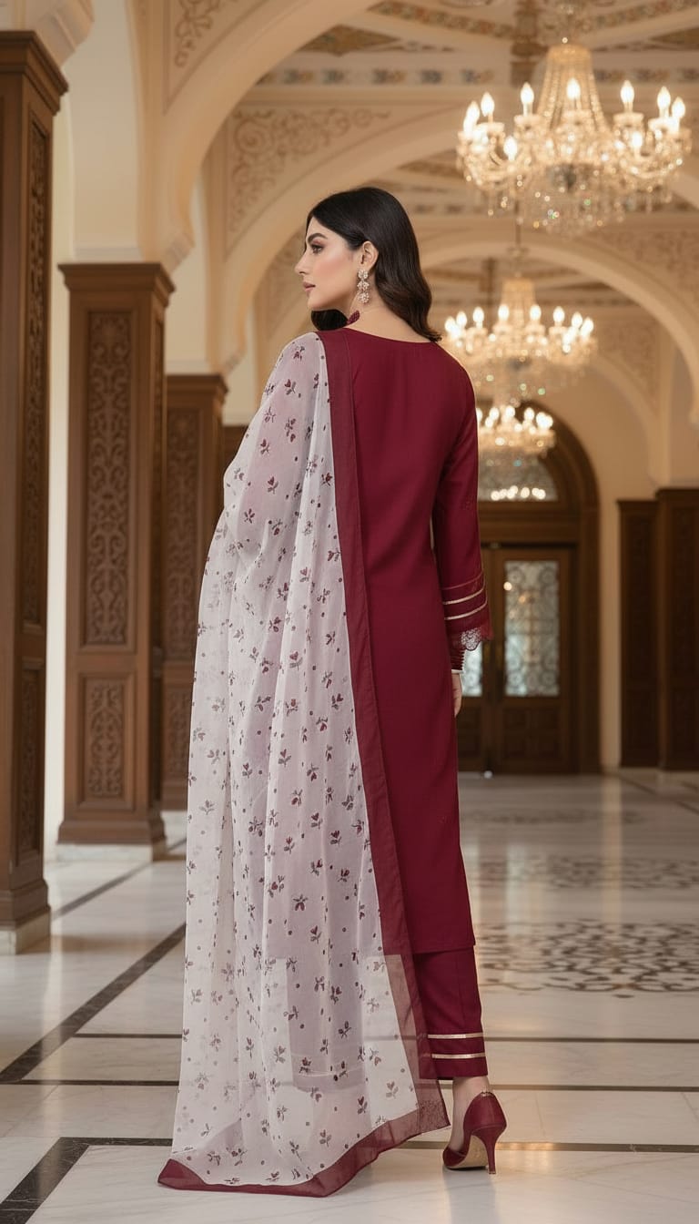 Ulfat Maroon Fully Chikankari Embroidered 3 Pcs Dress with Silk Dopatta