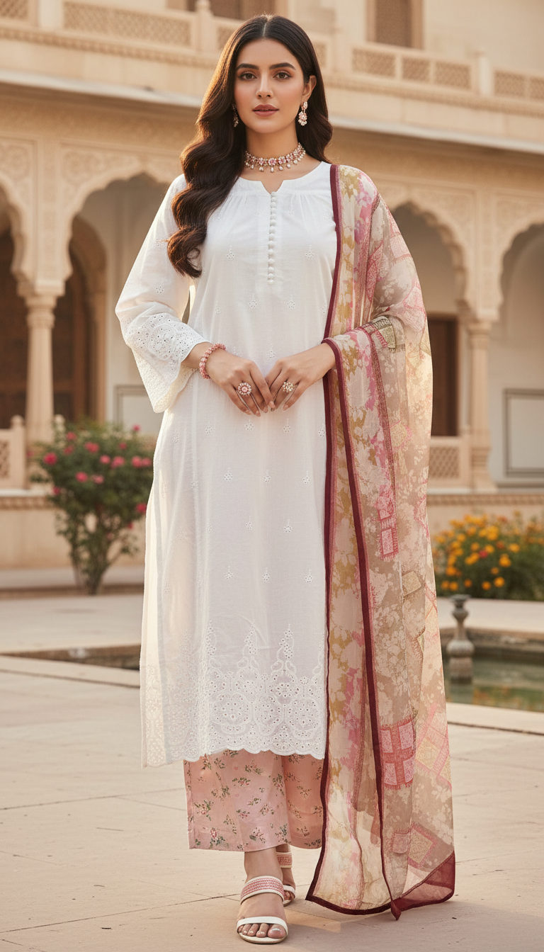 White Chikankari Embroidered 3 Pcs Dress with Chiffon dopatta