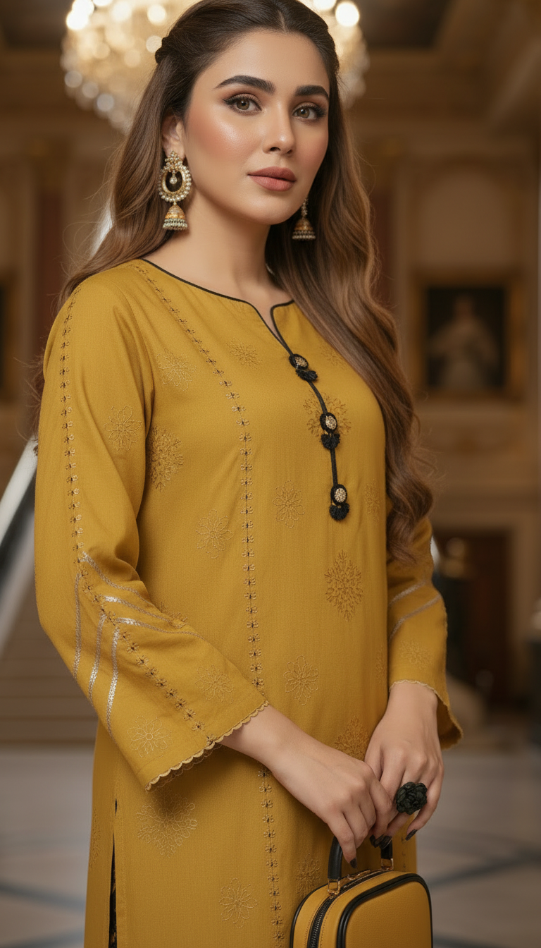 Simi Mustard Chikankari Ready to Wear 2 Pcs Dress
