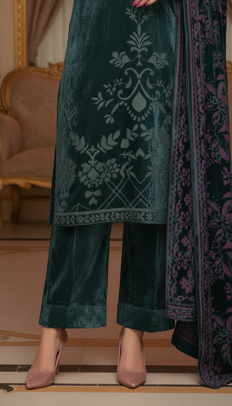 Dina French Velvet Grey Ready to Wear Dress with Palachi Shawl