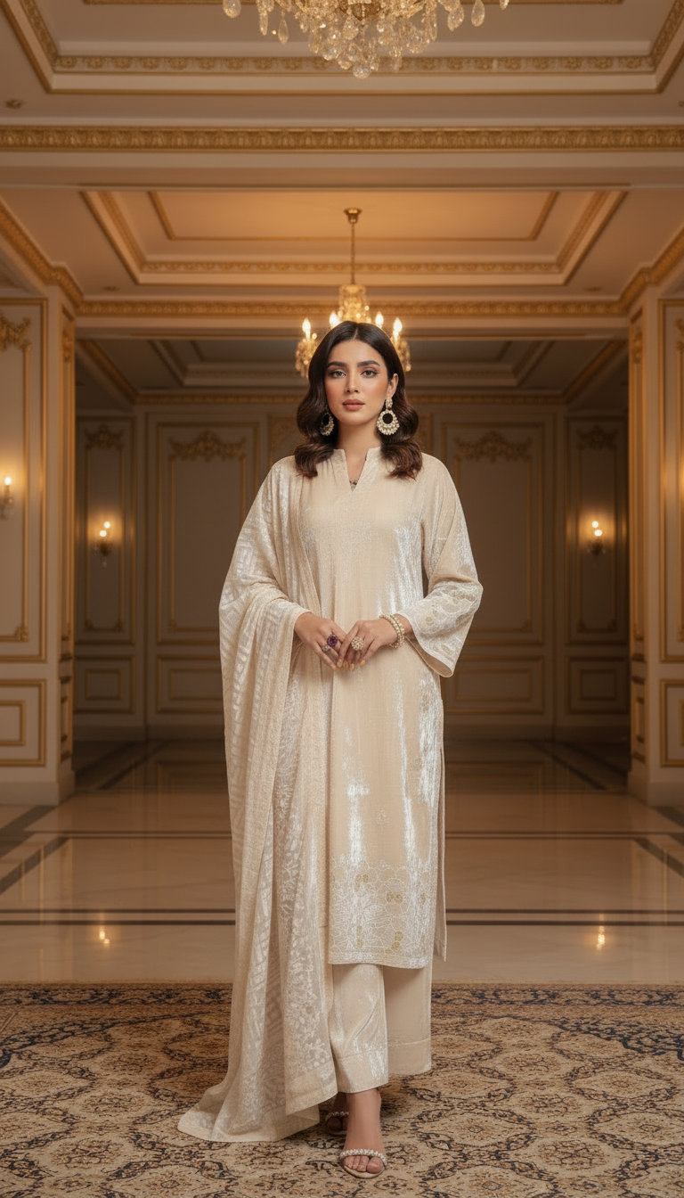 Serena Pearl French Velvet Ready to Wear 3 Pcs Dress with Velvet Shawl