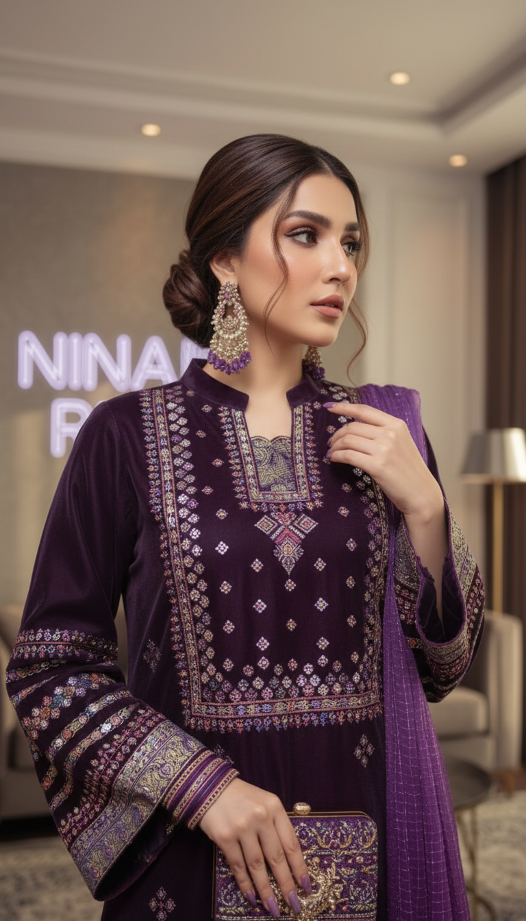 Bohemia burgundy Velvet Embroidered 3 Pcs Dress