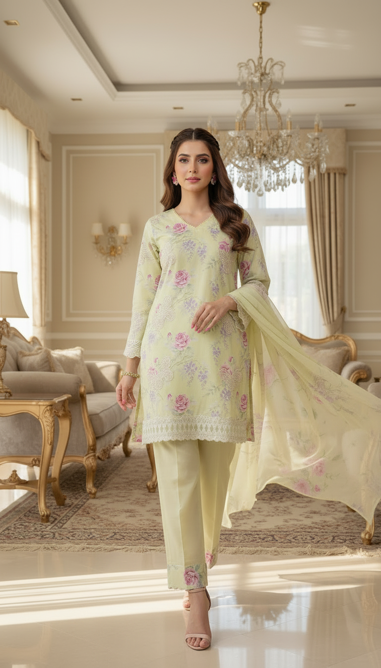 Gulzar Pale Ready to Wear 3 Pcs Embroidered Dress with Chiffon dopatta