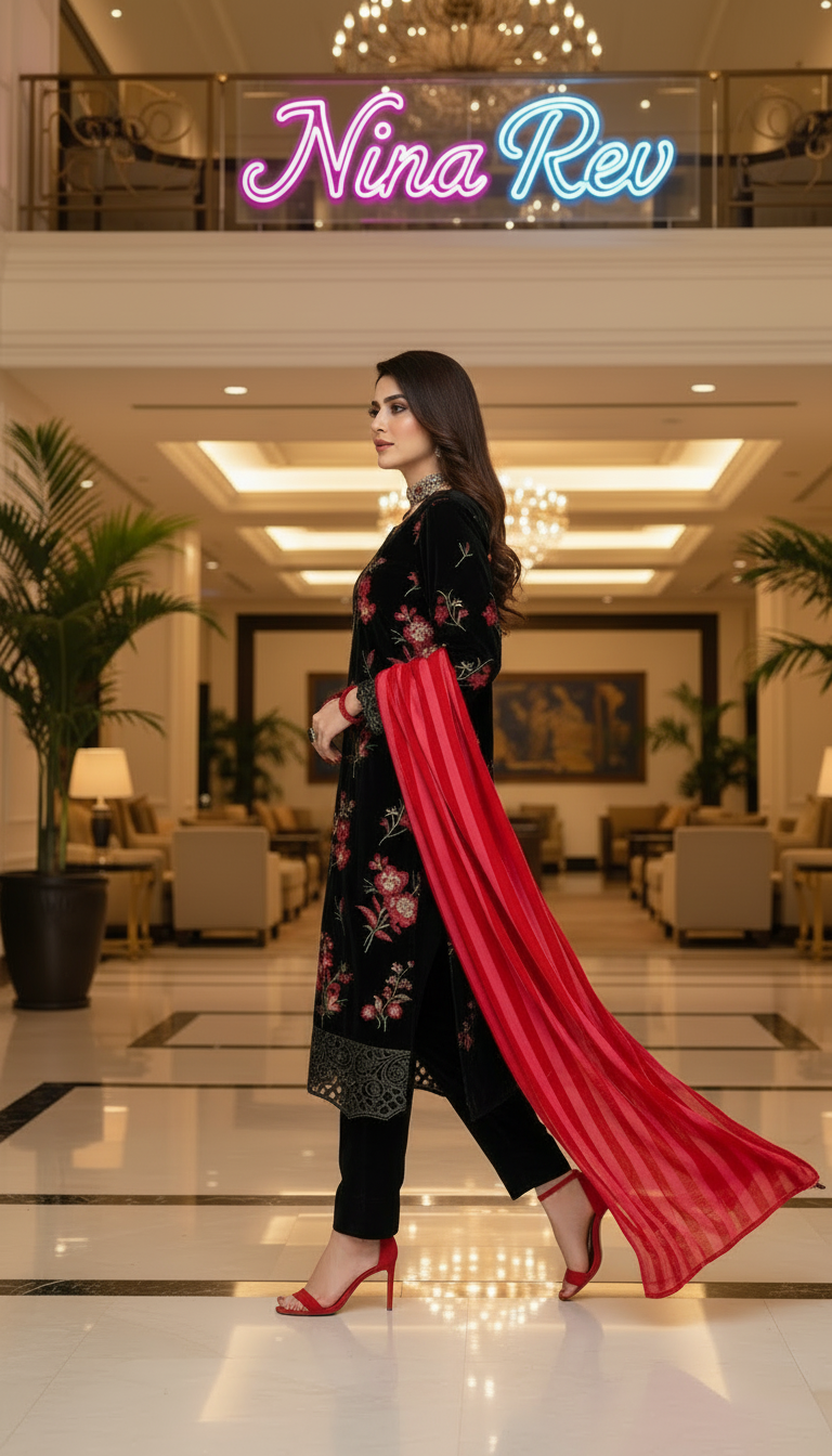 Black Shimmer Velvet Ready to Wear 3 Pcs Embroidered Dress