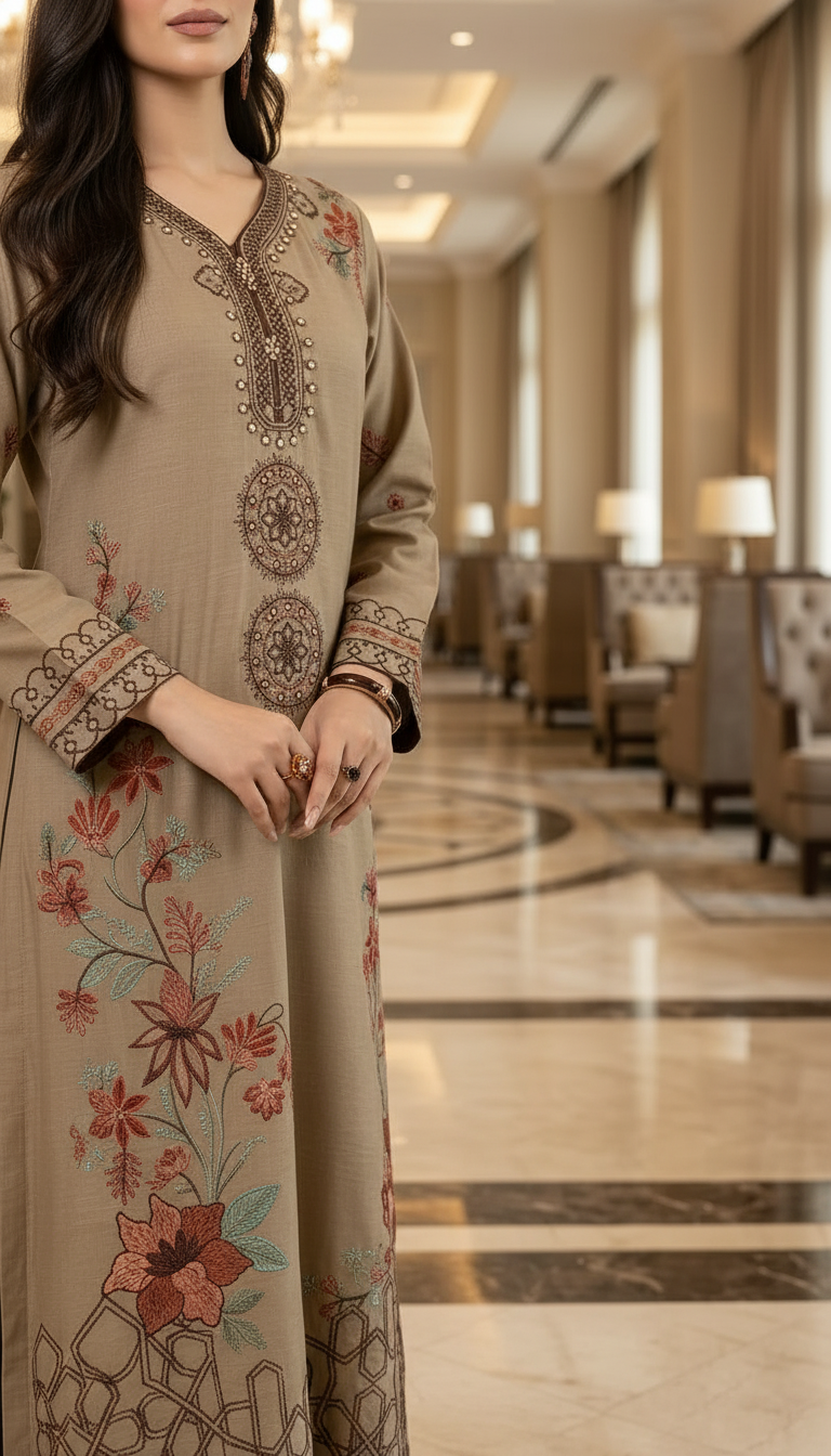 Gulrukh brown Fully Embroidered Kaftan Dress