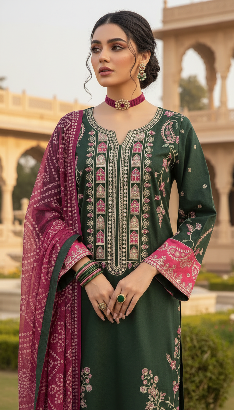 Green Grace Fully Embroidered 3 Pcs Dress with Chiffon dopatta