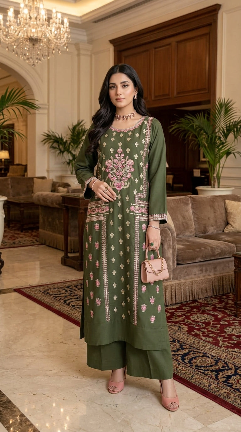 Naksh Green Ready to Wear 2 Pcs Embroidered Dress