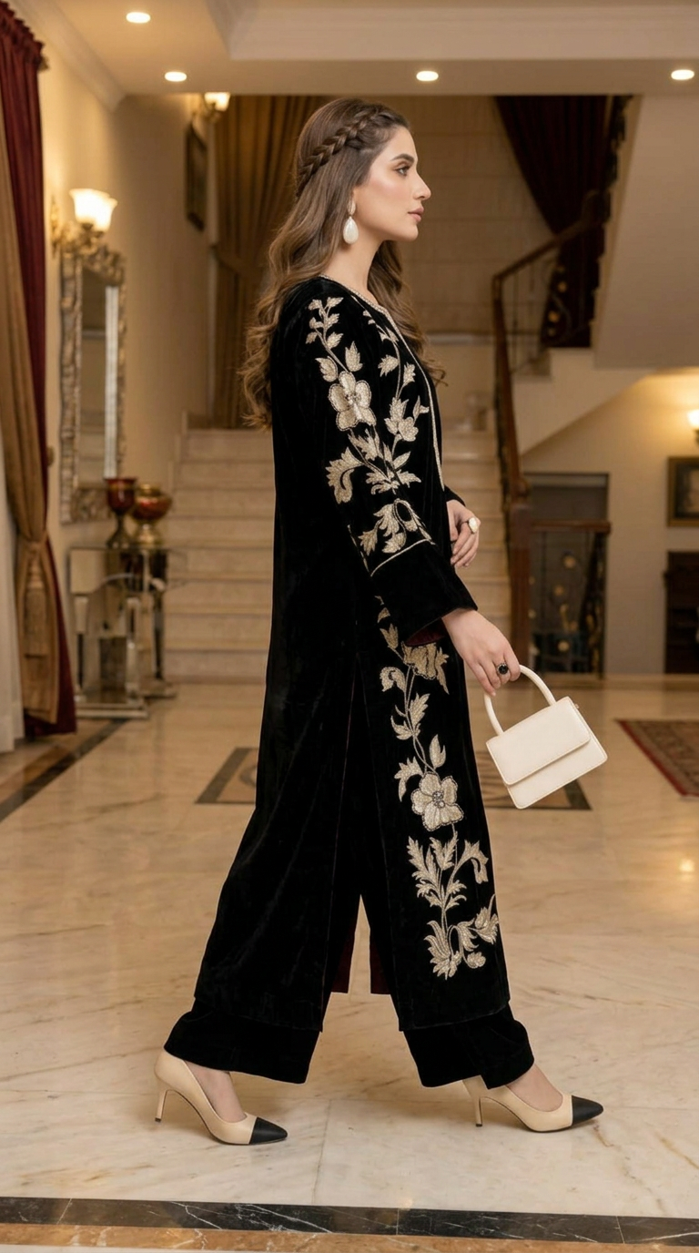 Zona Black Velvet Ready to Wear 2 Pcs Embroidered Dress