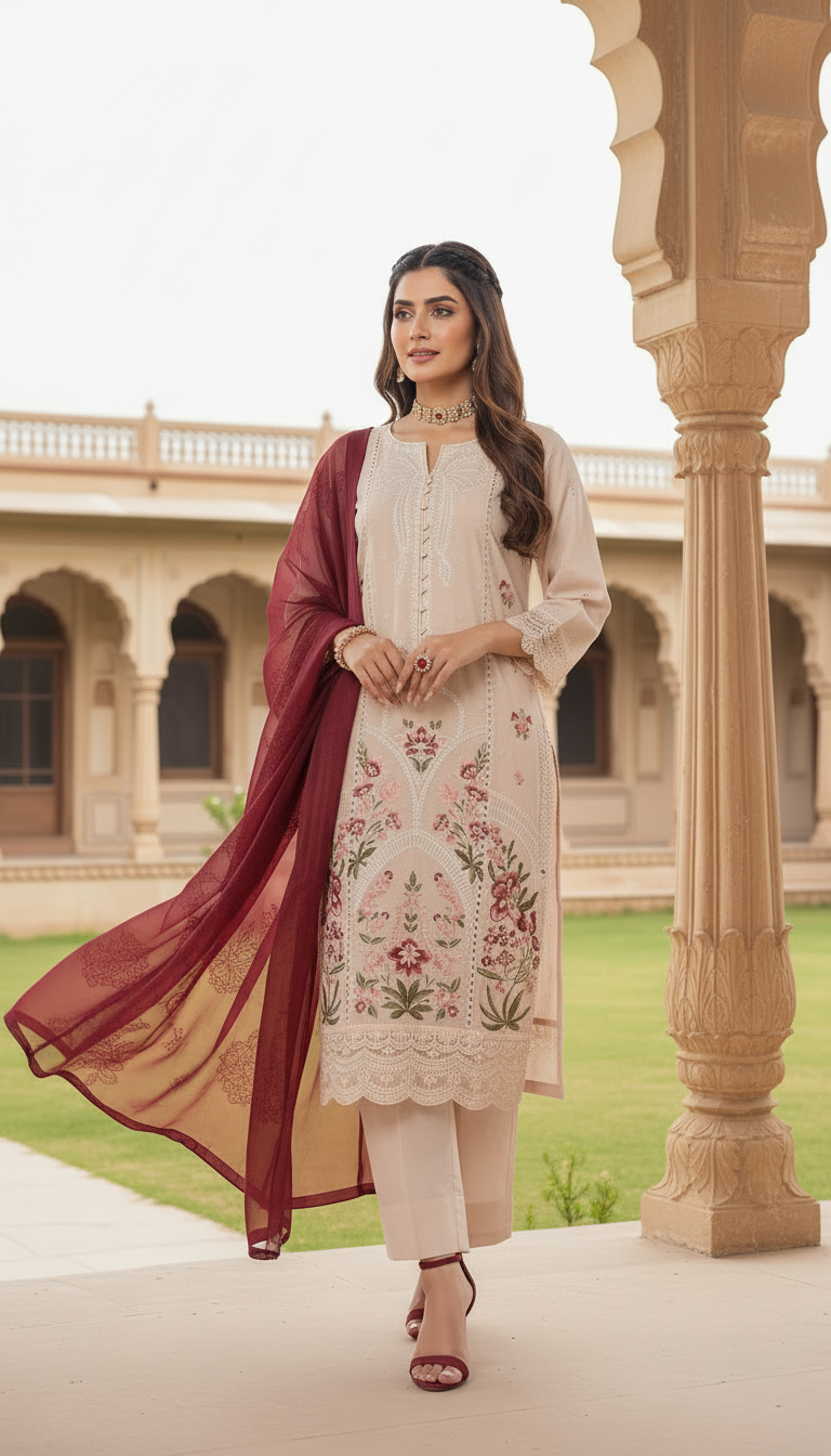 Tehzeeb pink Ready to Wear 3 Pcs Chikankari Dress