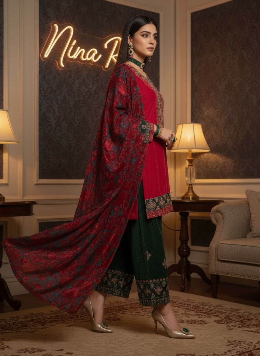 Laajh Red Velvet Ready to Wear 3 Pcs Embroidered Dress