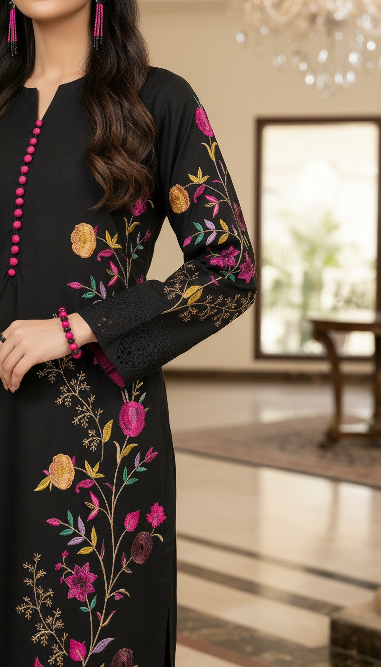 Black Flora Multicolour Fully Embroidered 2 Pcs Dress