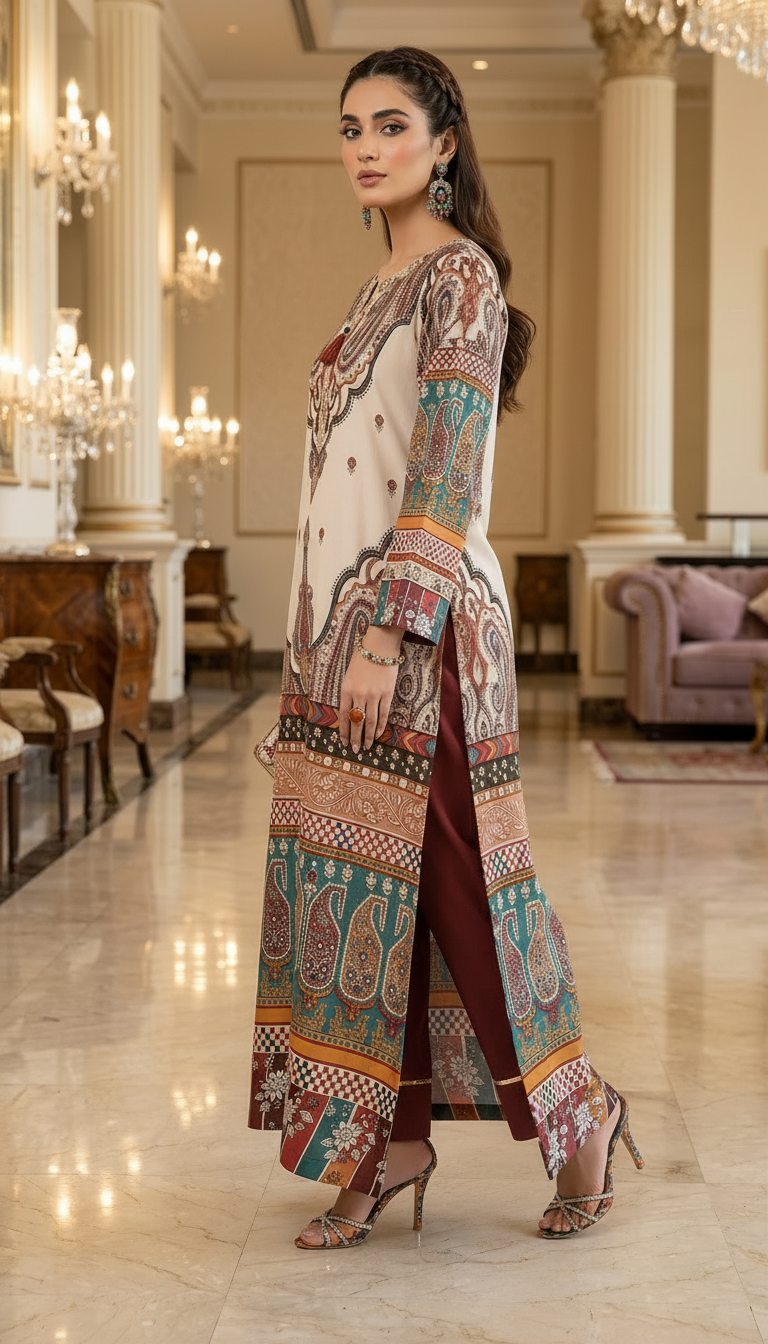 Iqsam Multicolour Linen Printed 2 Pcs Kaftan