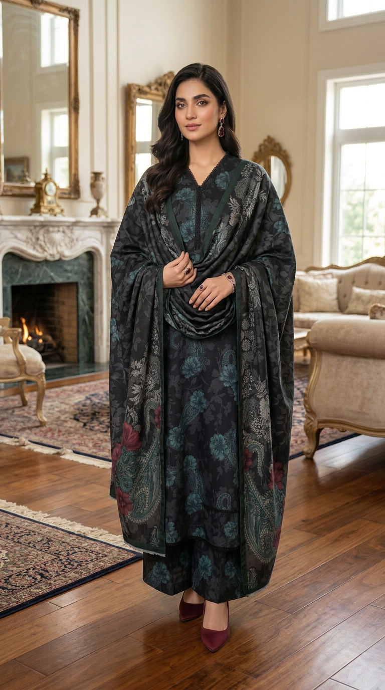 Mahnur Grey Ready to Wear 3 Pcs Marina Dress with Marina Shawl