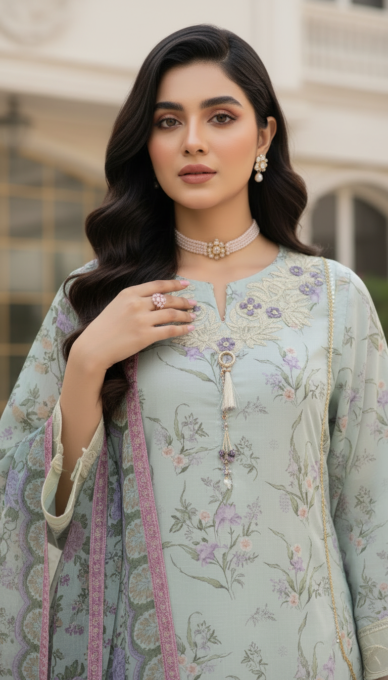 Lara mint Ready to Wear 3 Pcs Embroidered Dress