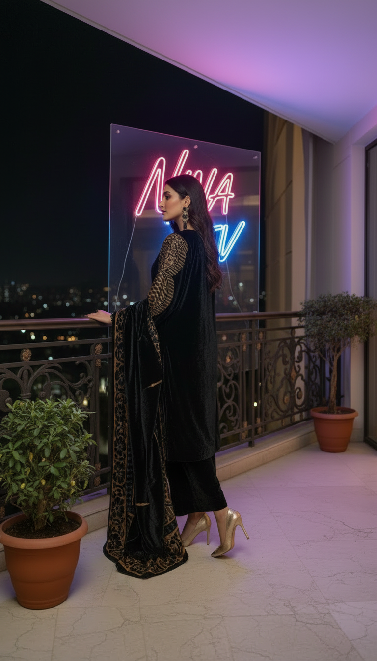 Tia French Velvet Black Dress with Palachi Shawl