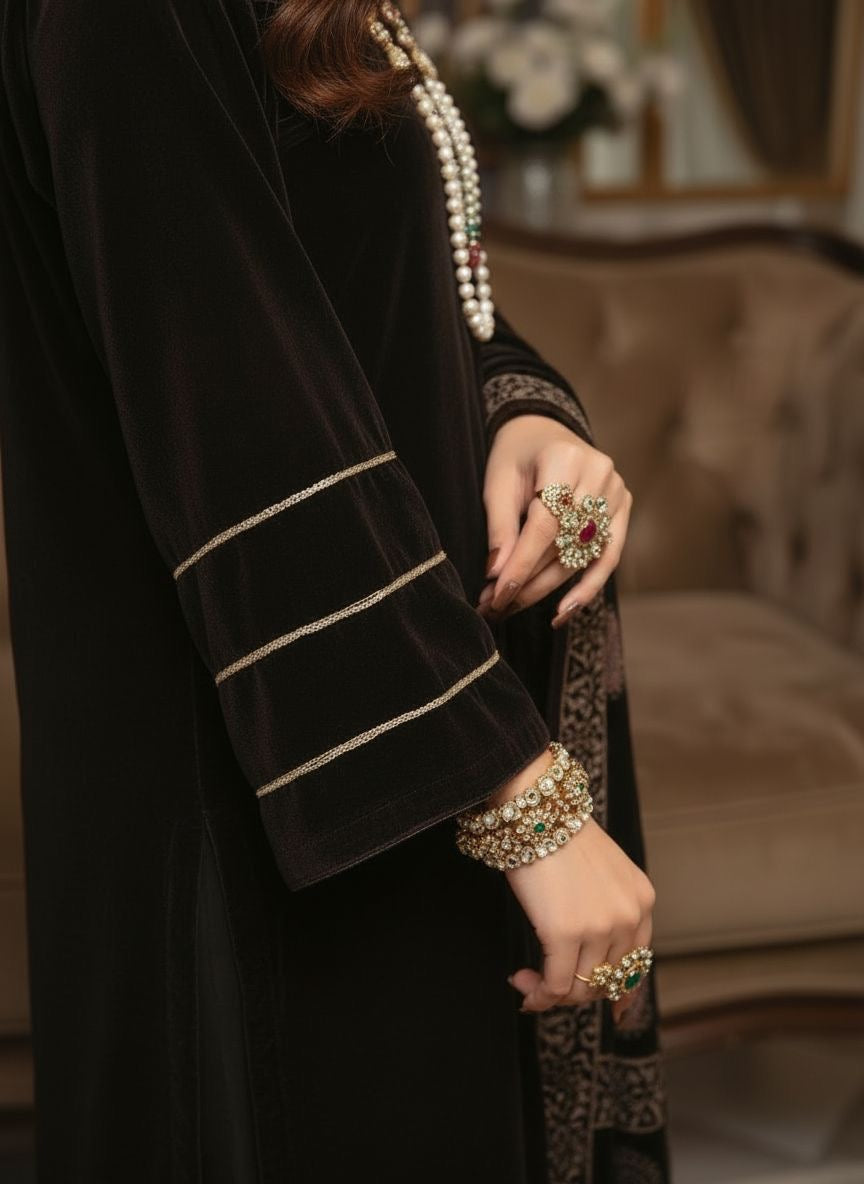 Raniyah Brown Velvet Ready to Wear 3 Pcs Dress