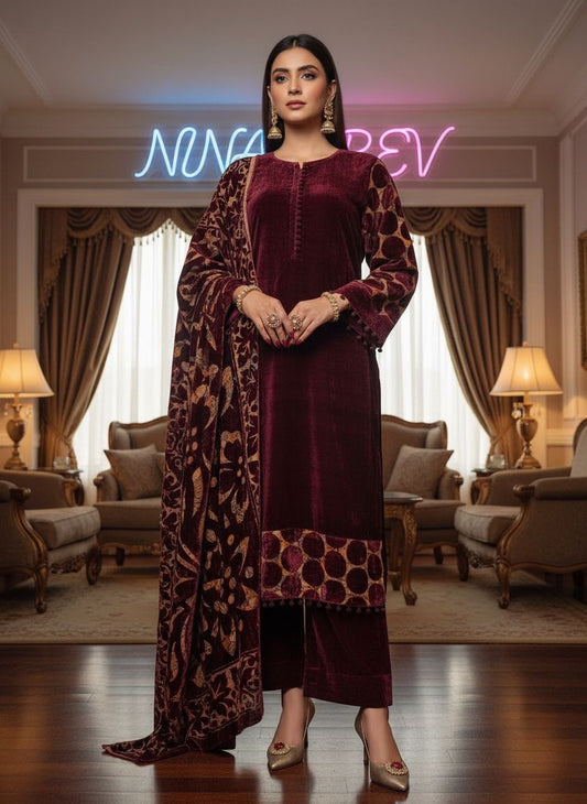 Aroosa Maroon Velvet Ready to Wear 3 Pcs Dress
