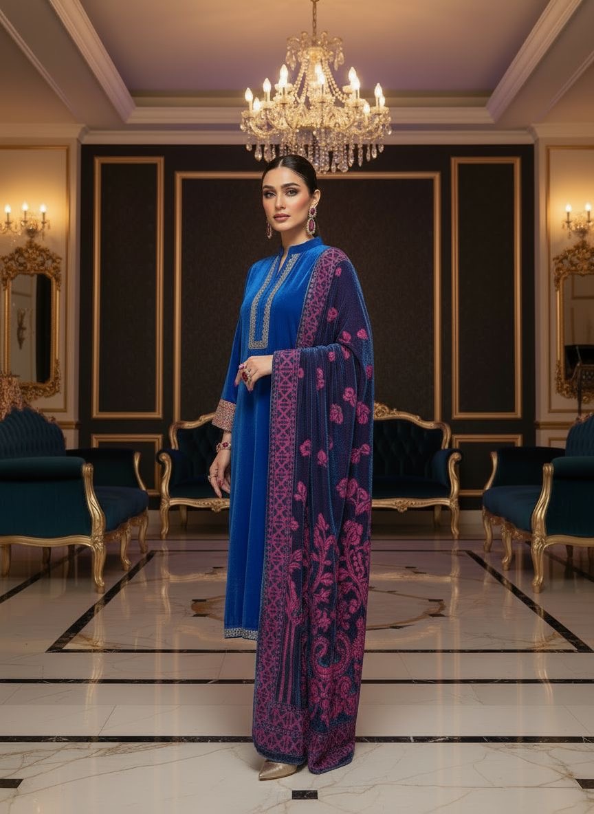 Royal Blue Embroidered Velvet 3 Pcs Dress with Palachi Shawl