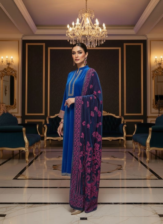 Royal Blue Embroidered Velvet 3 Pcs Dress with Palachi Shawl