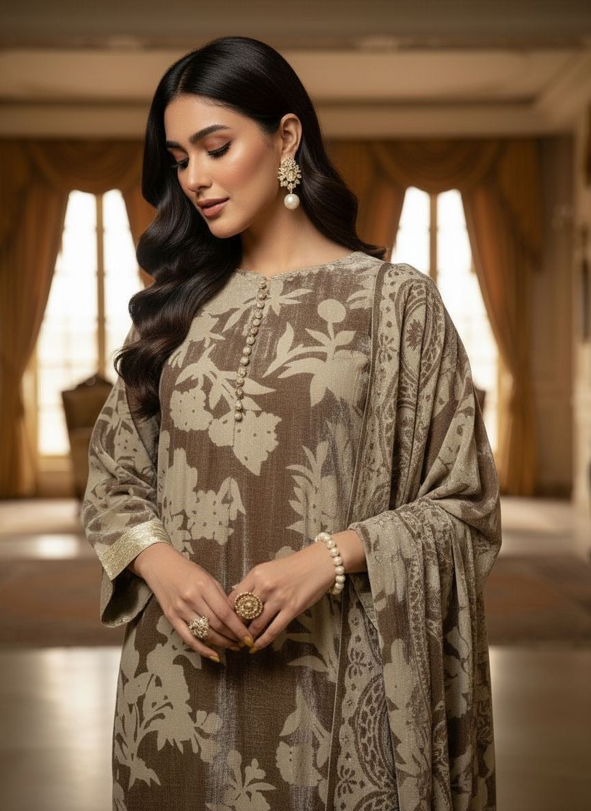 Sehar French Velvet 3 Pcs Dress with Velvet Shawl