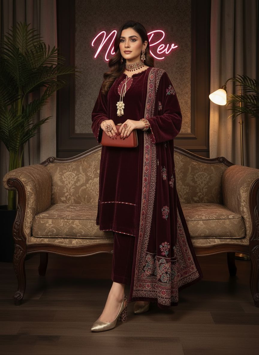 Lajwanti Maroon velvet Ready to Wear Dress with Velvet Shawl