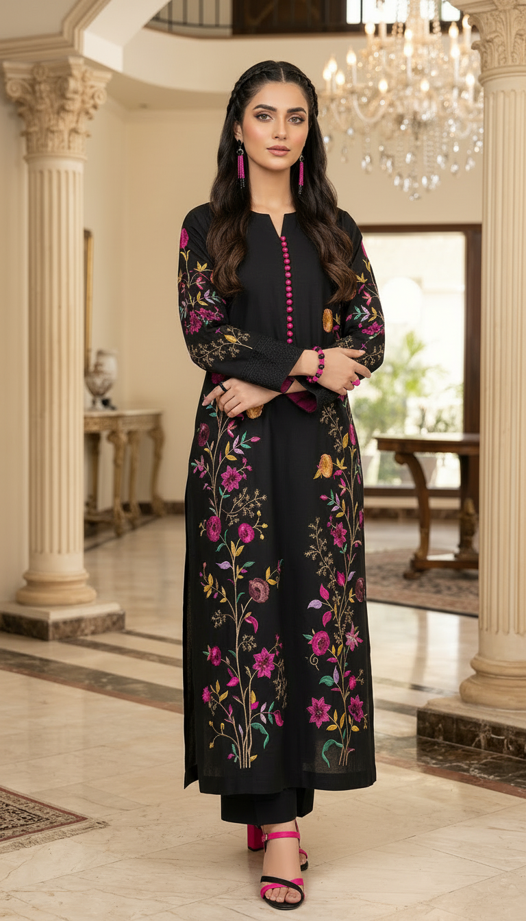 Black Flora Multicolour Fully Embroidered 2 Pcs Dress