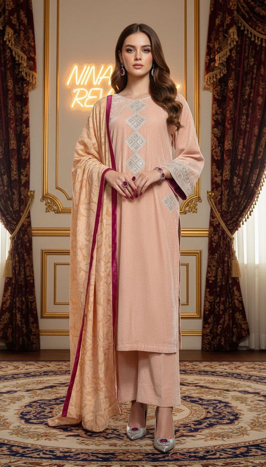 Pink Pearl Velvet 3 Pcs Embroidered Dress with Palachi Shawl