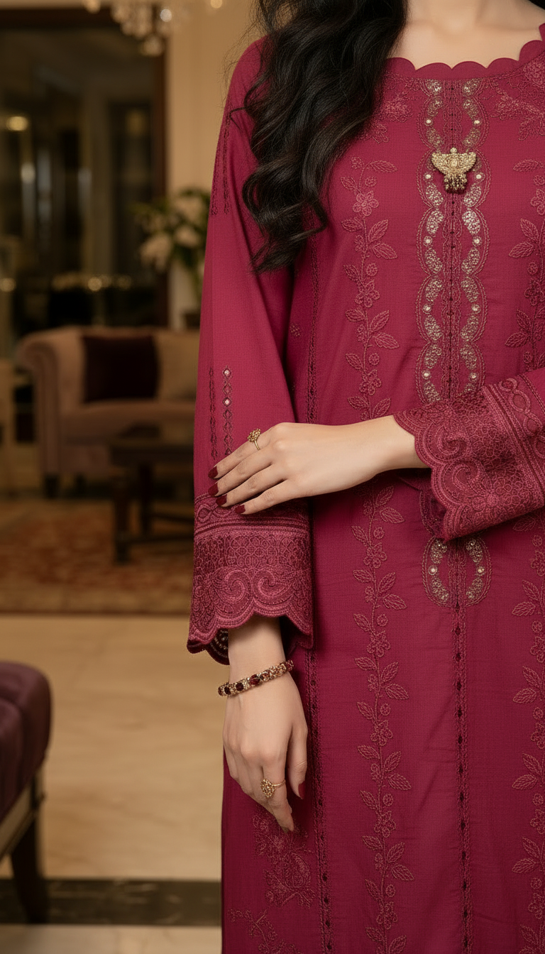 Jenia Pink Fully Embroidered 2 Pcs Kaftan Dress