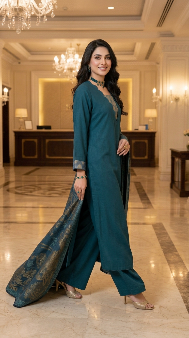 Sultana Teal Exclusive Kani Shawl 3 Pcs Dress