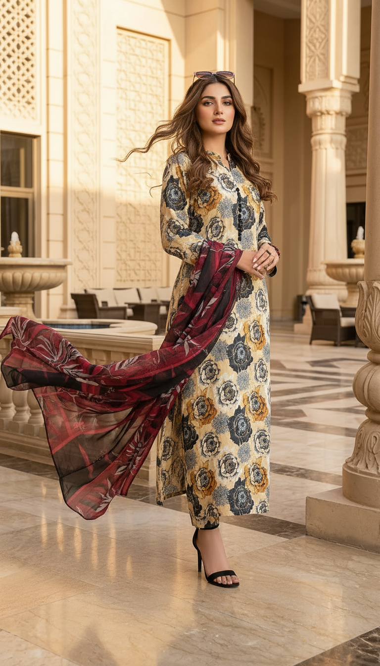 Azma Ready to Wear 3 Pcs Linen Dress with Chiffon dopatta