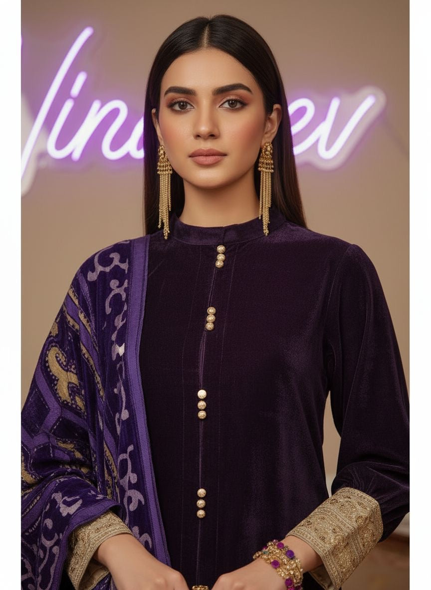 Purple Velvet De Luxe 3 Pcs Dress with Palachi shawl